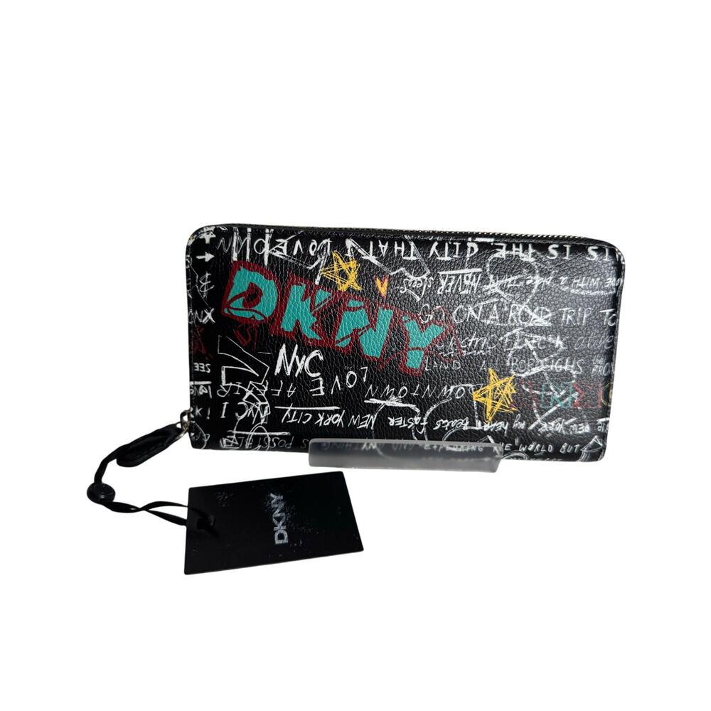 Brand New DKNY Black VELA Graffiti Lg. Zip Around Wallet Msrp$118